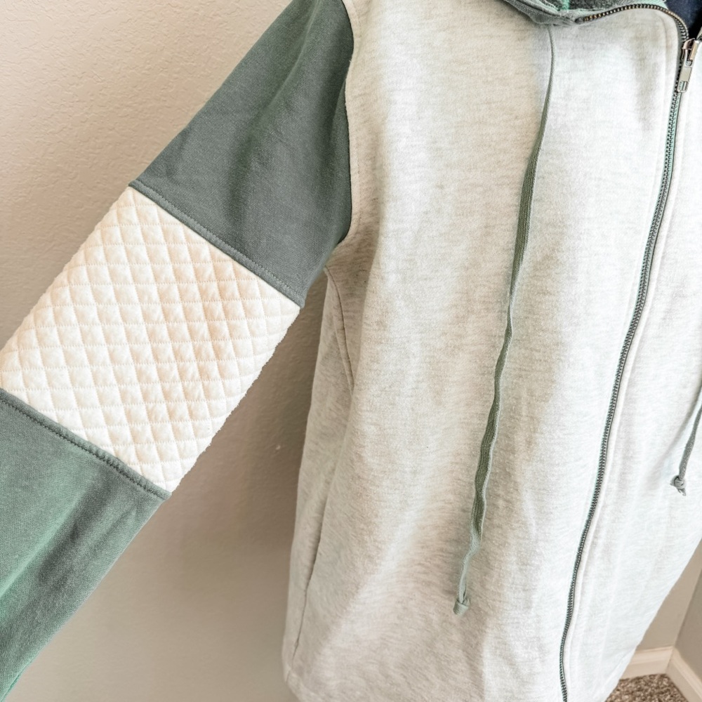 Hem & Thread | Quilted Sleeve Zip-up Hoodie in Sage - Picture 9 of 10